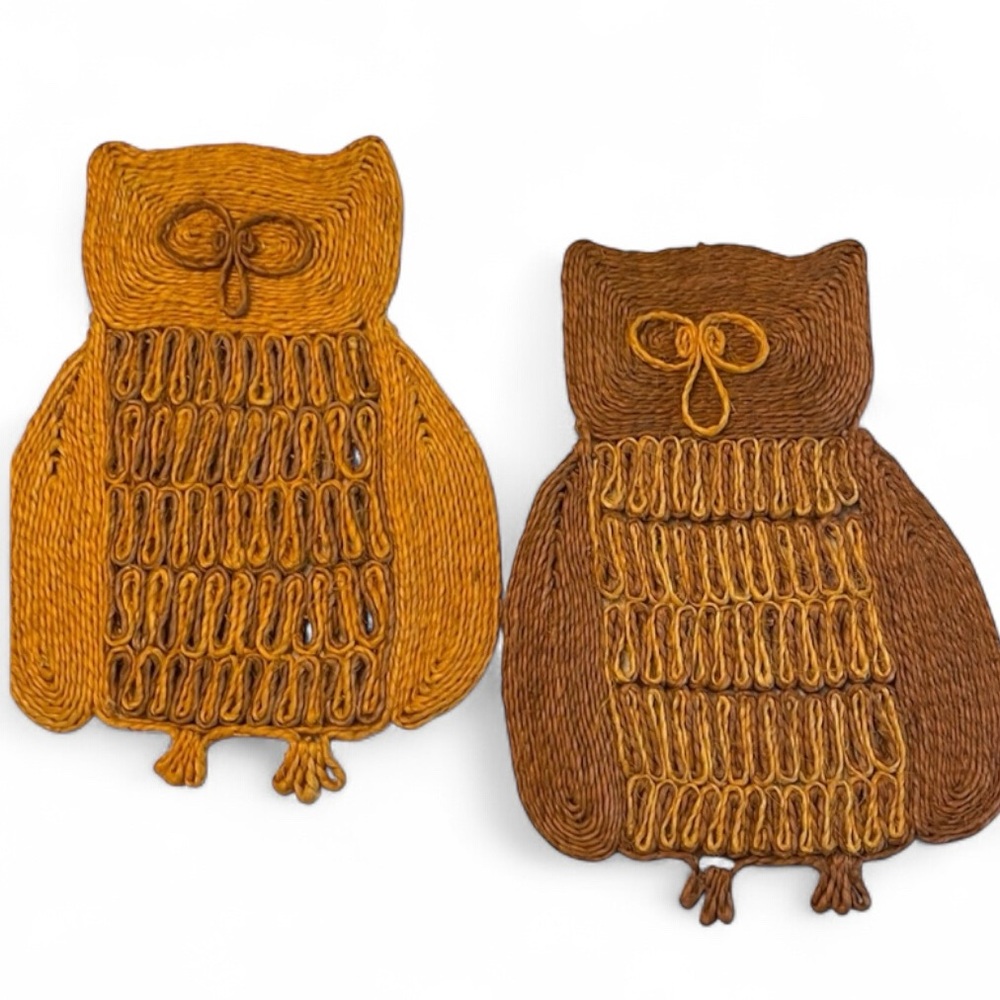 Vintage Handcrafted Scandinavian Folk Art Owl Set of 2 Placemats Wall Hangings